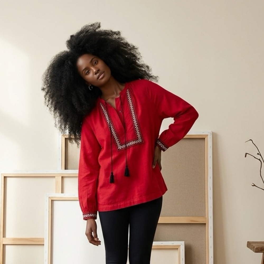 Handmade Red Embroidered Peasant Top M